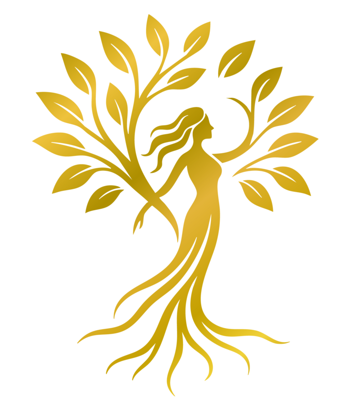 Naturfeh Logo: Baumfrau mit Wurzeln, goldener Verlauf